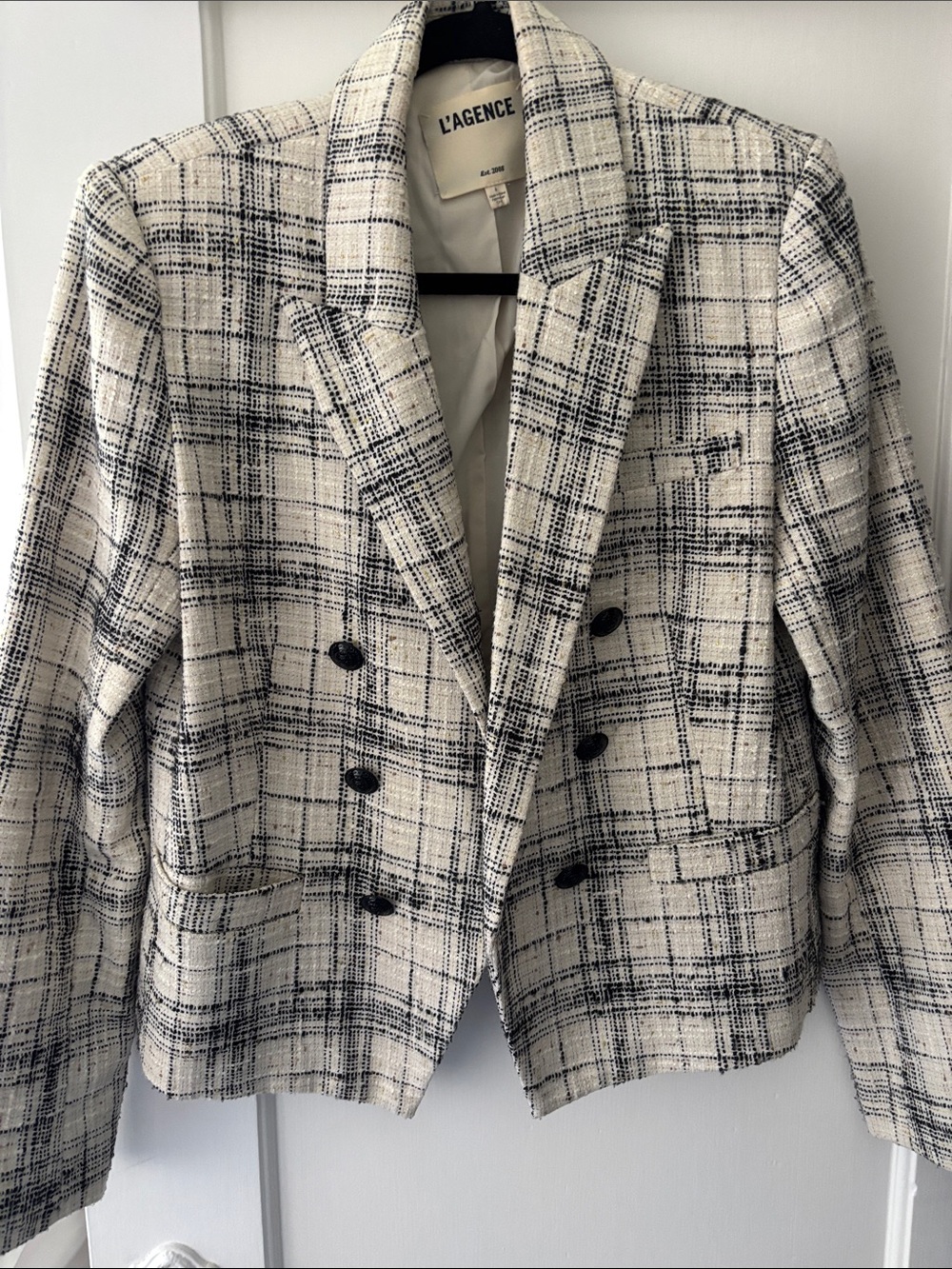 L'AGENCE Brooke Black & Cream Plaid Double-Breasted Blazer